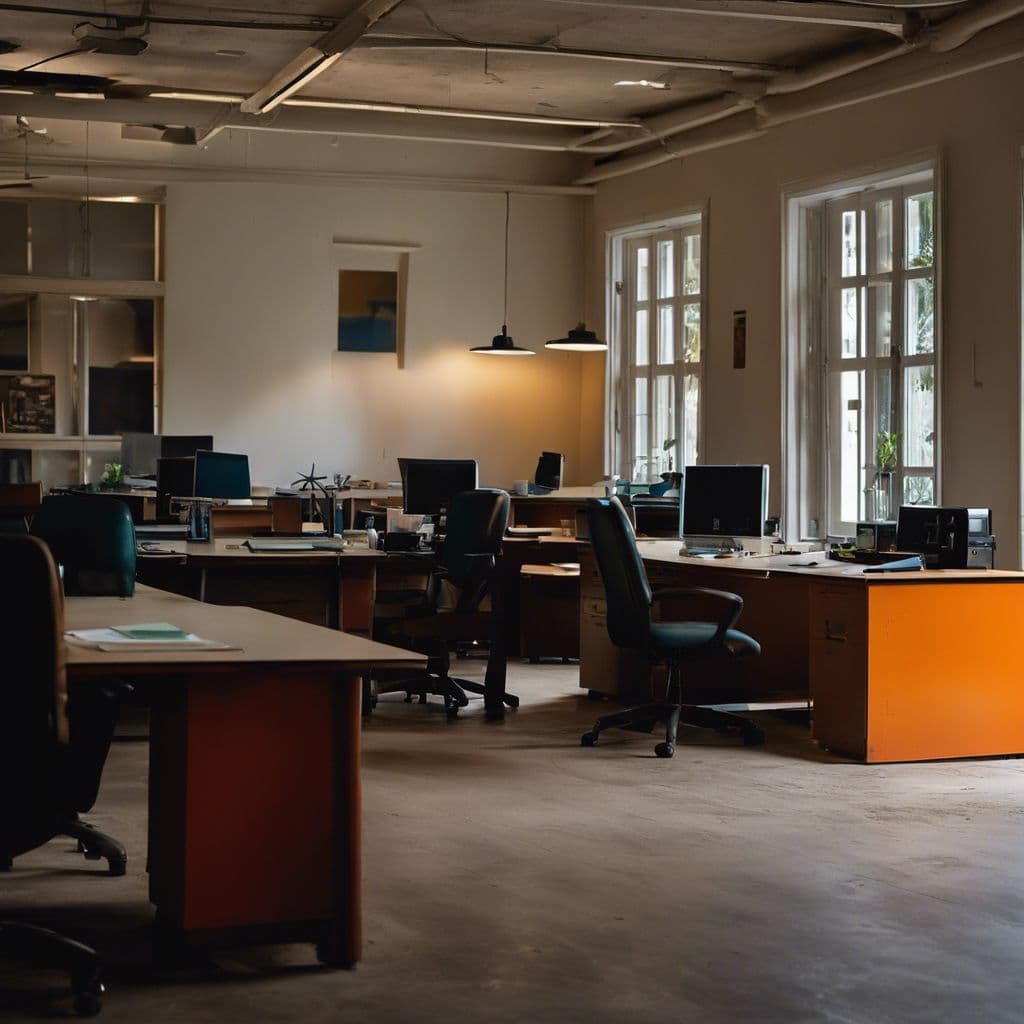 An open-plan office with desks, monitors and task chairs